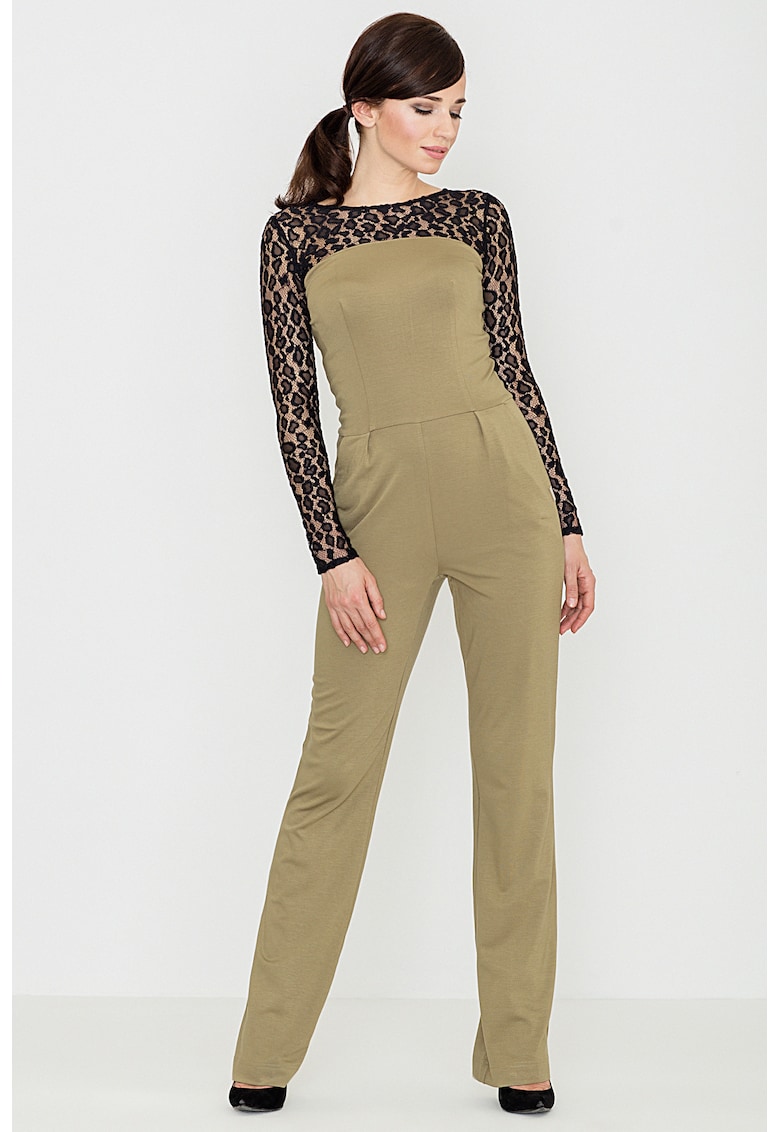 Salopeta dama - dantela - maneca lunga - picioare drepte - verde masliniu - viscoza