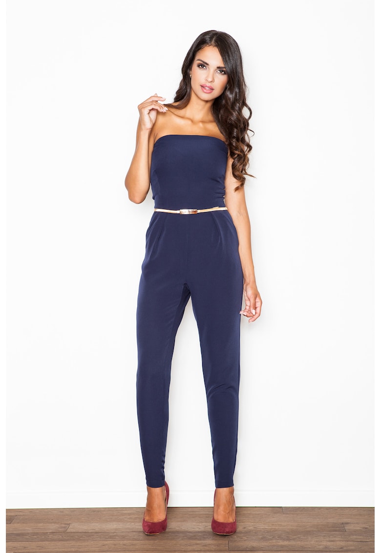 Salopeta dama - cu umerii goi si curea - poliester - bleumarin -