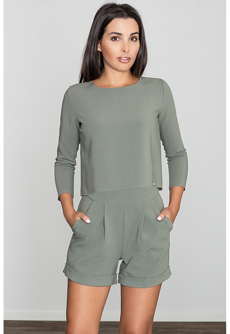 Salopeta scurta - eleganta - pantaloni scurti - culoare olive - poliester -