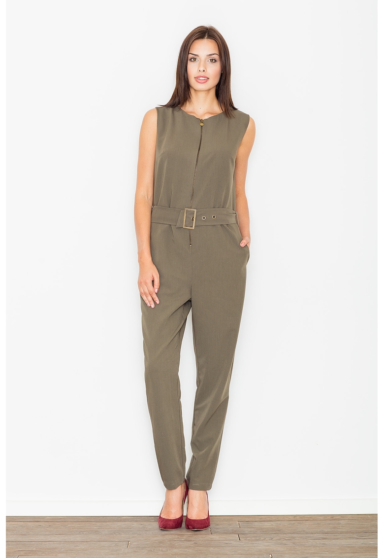 Salopeta dama - verde - cu fermoar si curea - fara maneci - poliester si vascoza