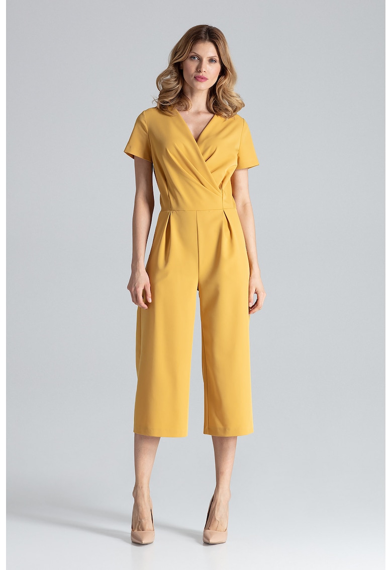 Salopeta dama - mustar - pantaloni largi - maneca scurta - poliester 65% - vascoza 35%