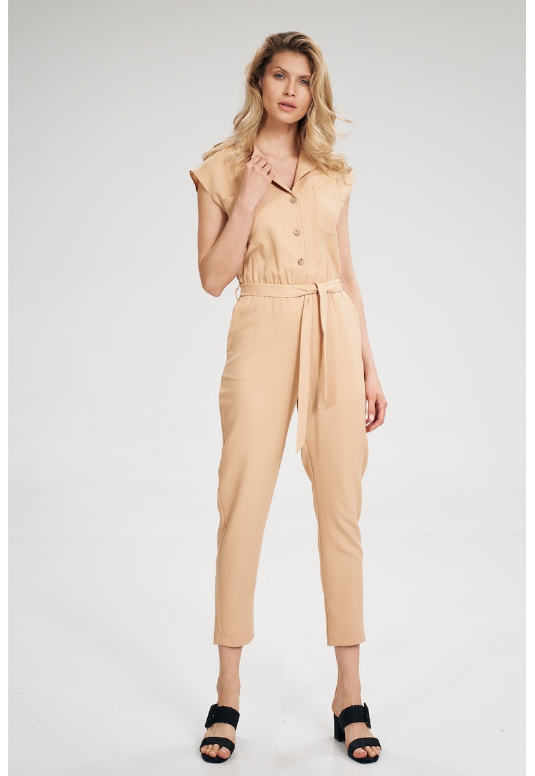 Salopeta dama - eleganta - cu maneca scurta - legata in talie - bej - poliester -