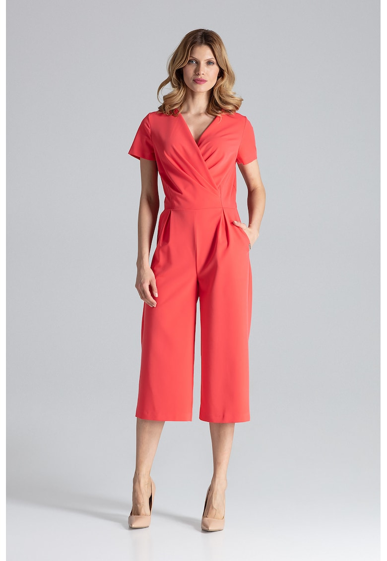 Salopeta dama - roz - maneca scurta - picior larg - poliester 65% - vascoza 35%