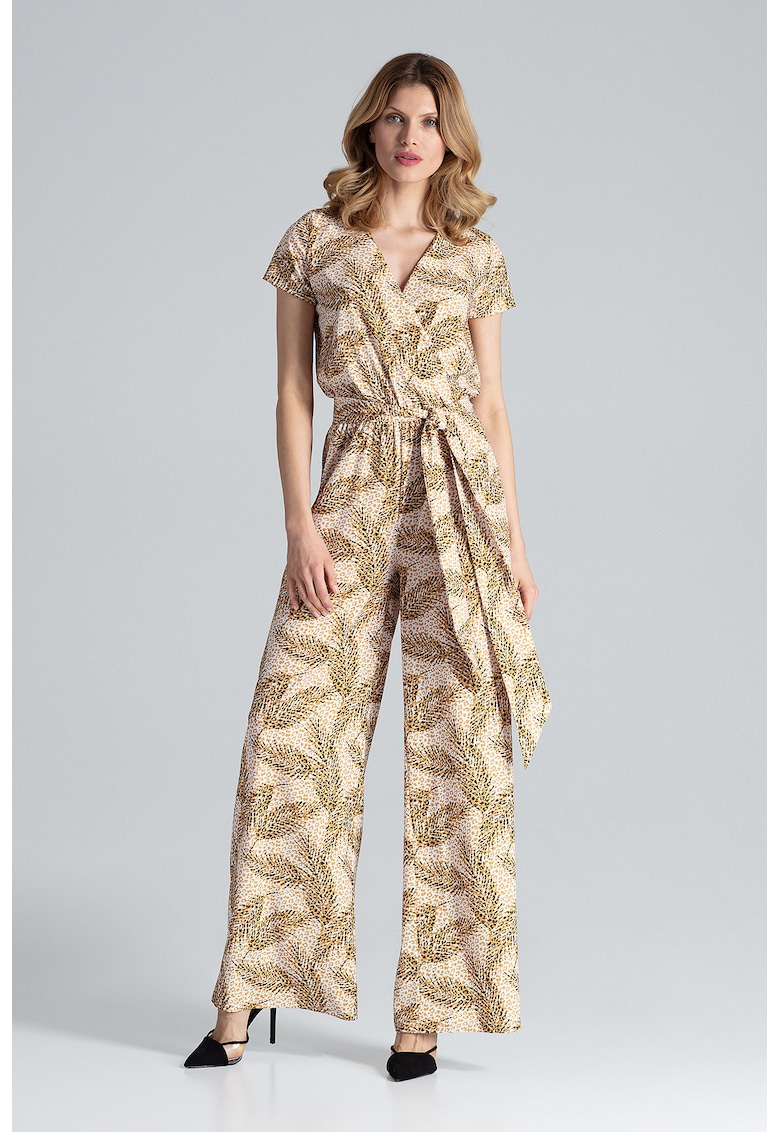 Salopeta dama - decolteu rotund - picior larg - maneca scurta - imprimeu leopard - poliester-elastan