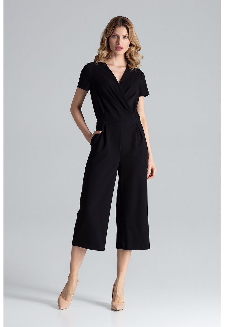 Salopeta dama - neagra - cu pantaloni largi si maneci scurte - din poliester si vascoza