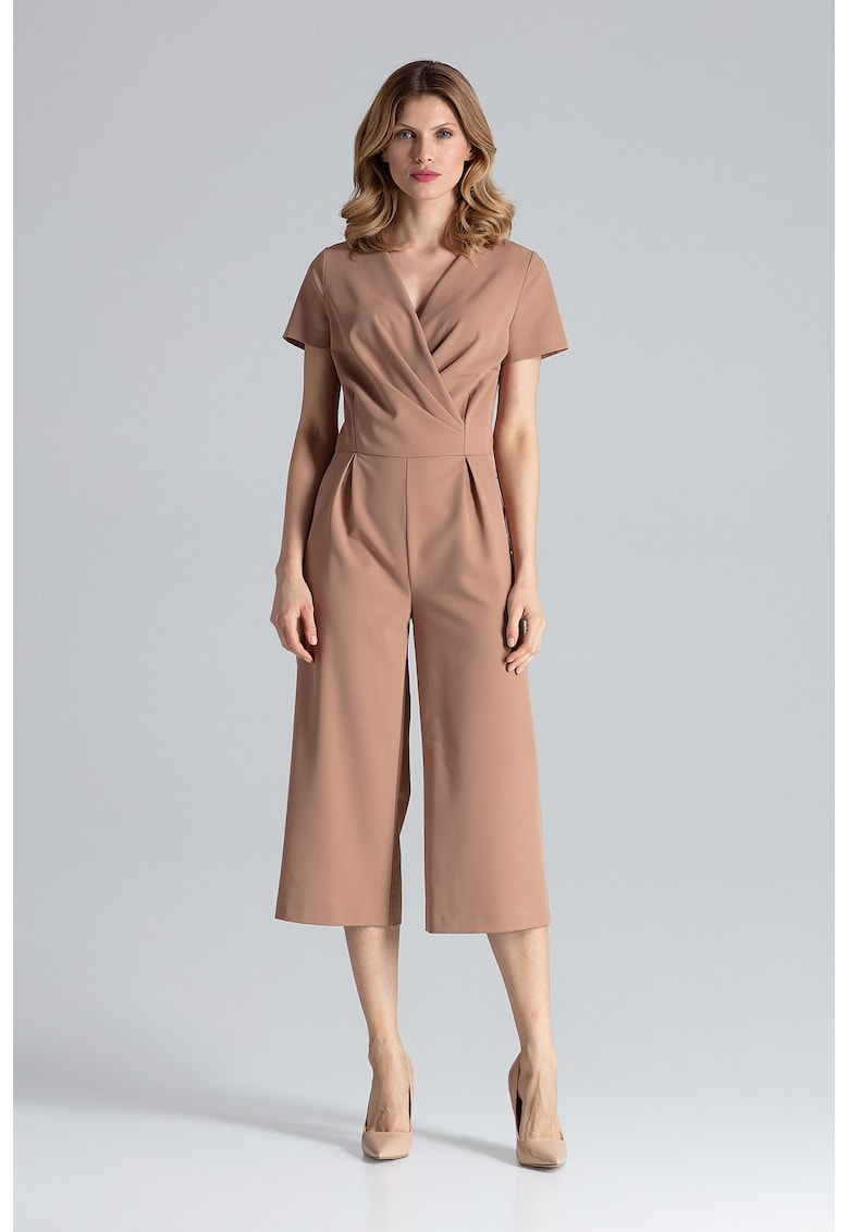 Salopeta dama - pantaloni largi - maneci scurte - maro - poliester