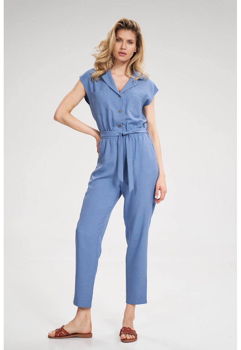 Salopeta dama - albastra - maneca scurta - legata in talie - poliester