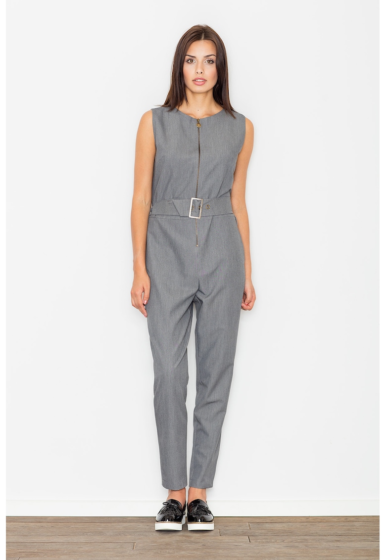 Salopeta dama - gri - cu fermoar si curea - din poliester si vascoza