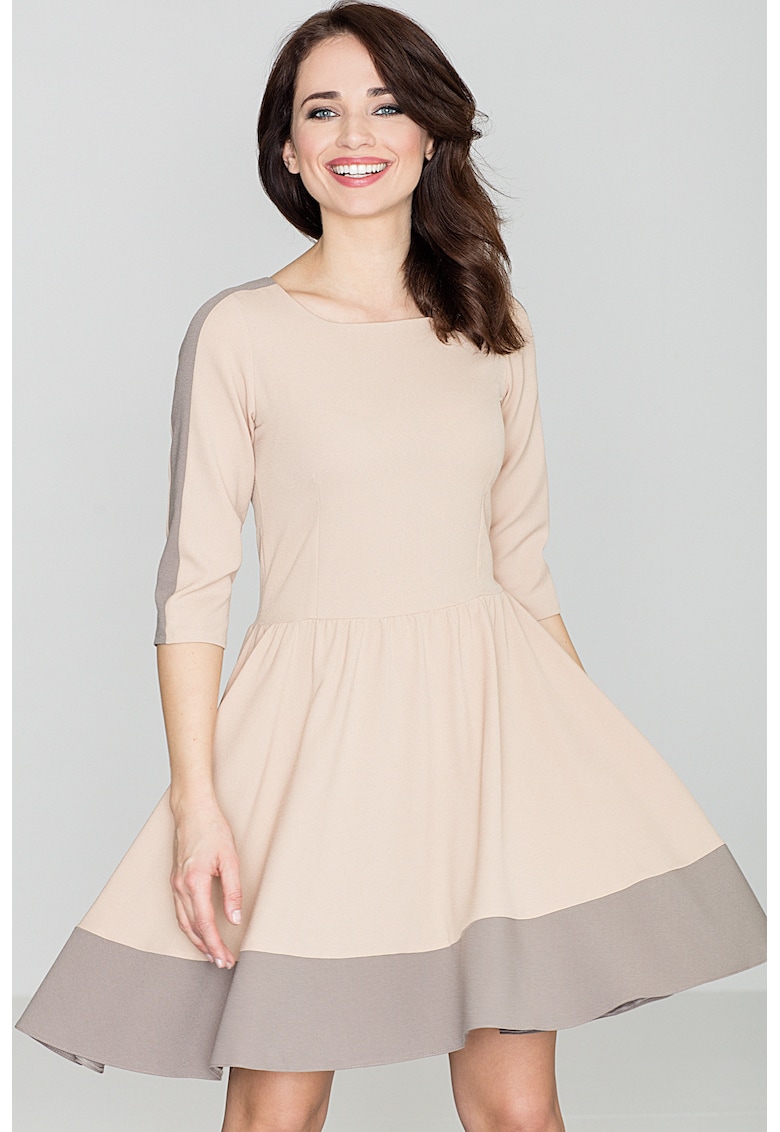 Rochie midi evazata  K057 - maneca - bej - poliester Rochie midi evazata  K057 - maneca - bej - poliester