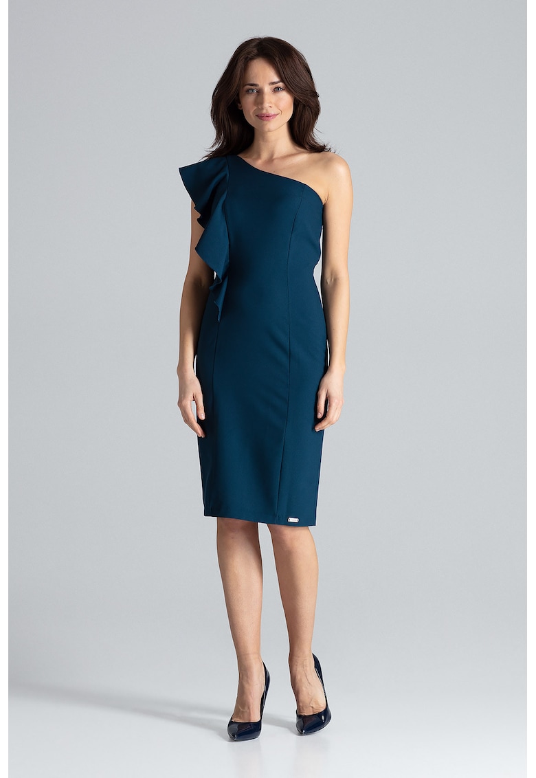 Rochie asimetrica  K488 - cu volane - albastru - poliester 100% - Rochie asimetrica  K488 - cu volane - albastru - poliester 100% -