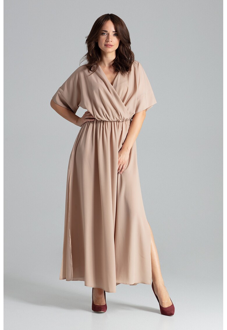 Rochie lunga L055 - eleganta - cu talie elastica - bej - poliester 100%