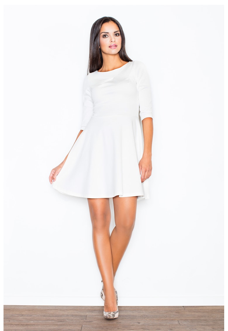 Rochie midi evazata - decupata sub bust - alb - poliester -
