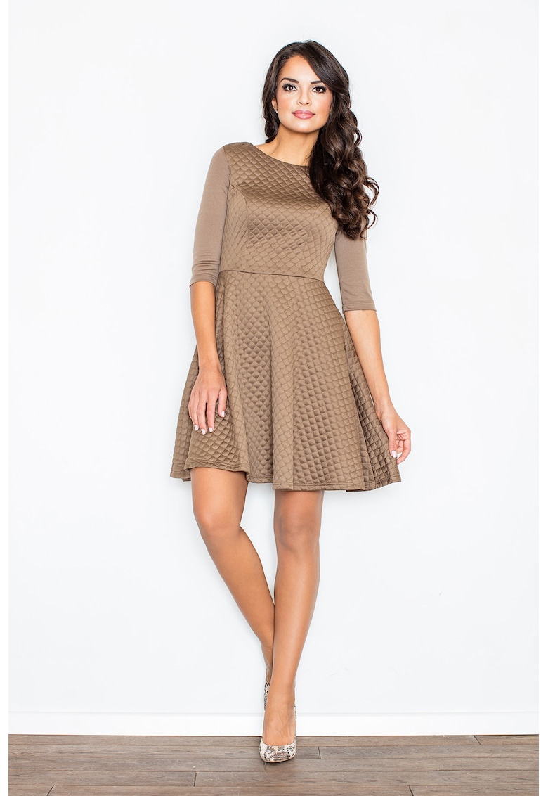 Rochie matlasata evazata - cu maneci 3/4 - bej - poliester