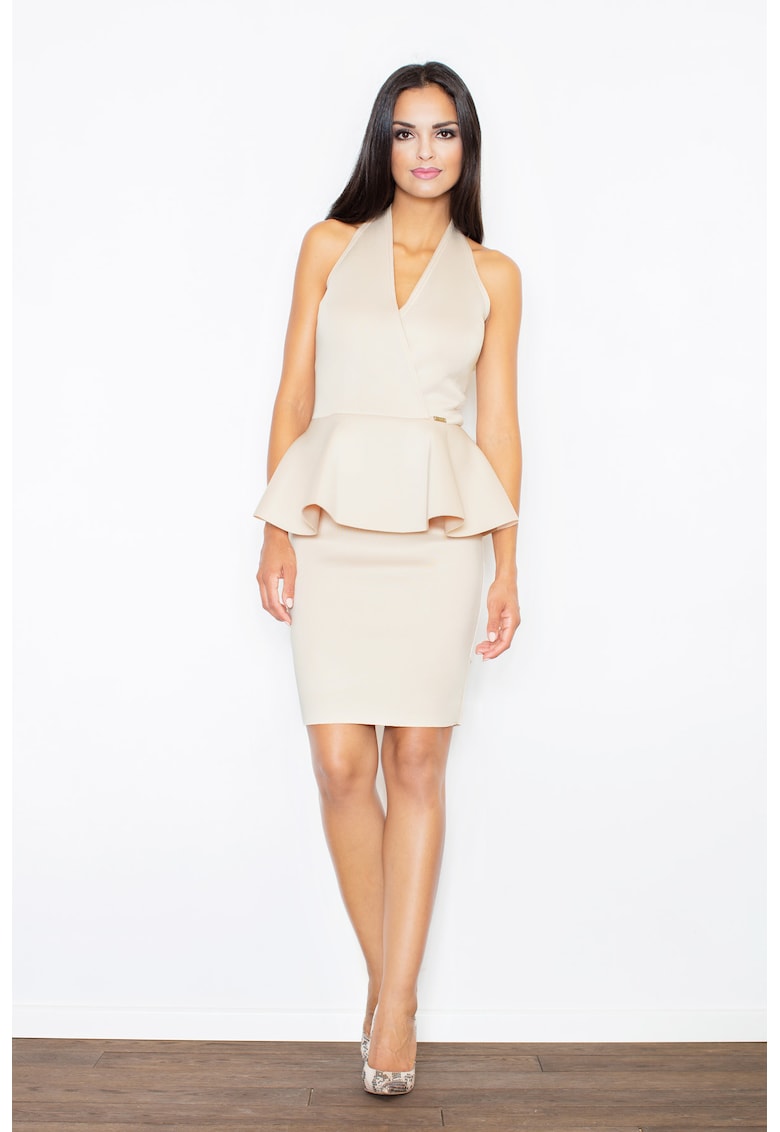 Rochie eleganta M368 - fara maneci - decolteu in V - bej - poliester