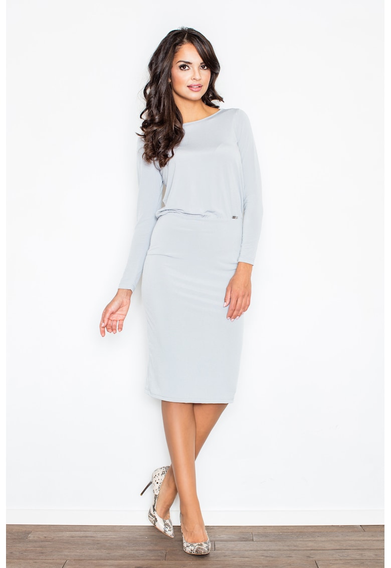 Rochie M326 - eleganta - fluida - gri - poliester - cu fanta la spate