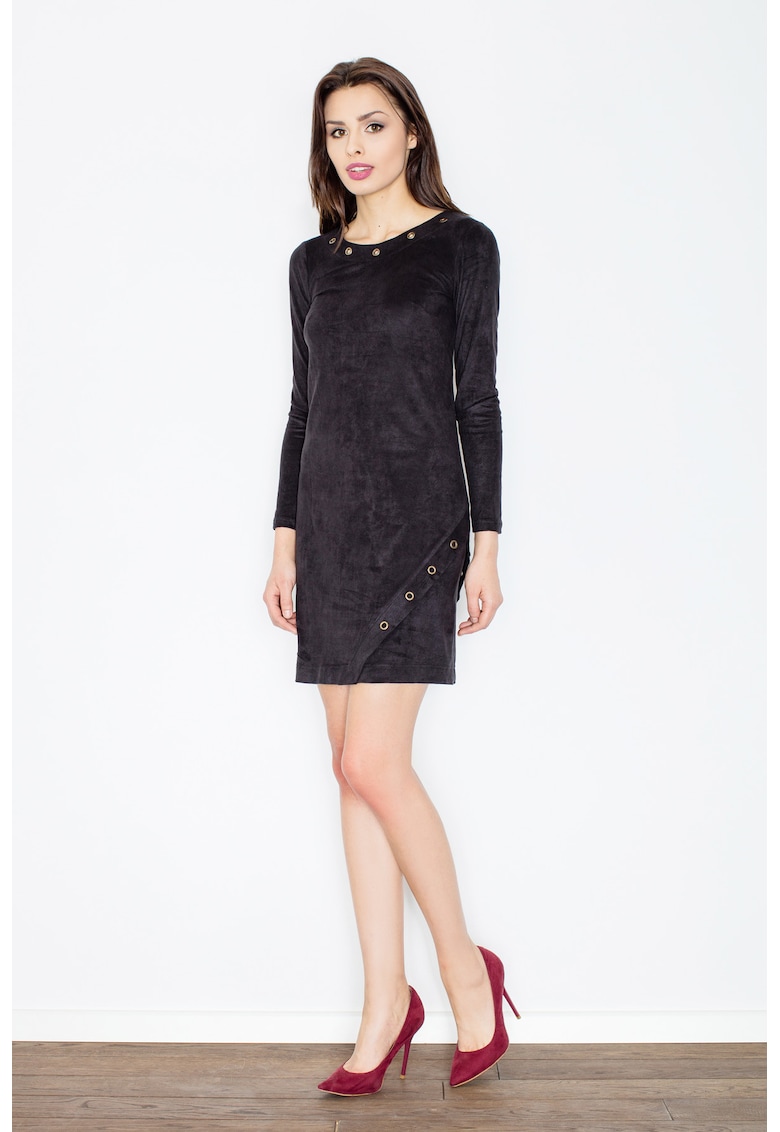 Rochie eleganta - din piele intoarsa - neagra - cu maneca lunga