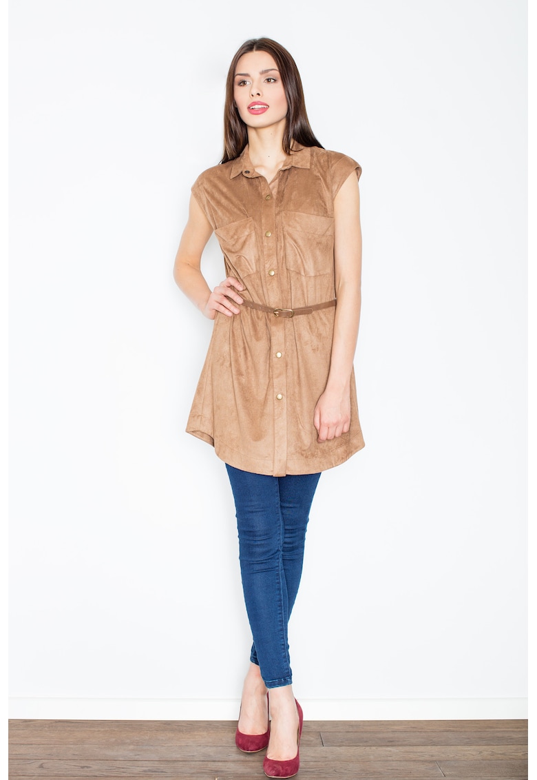 Rochie maro - piele intoarsa - cu capse si curea - poliester