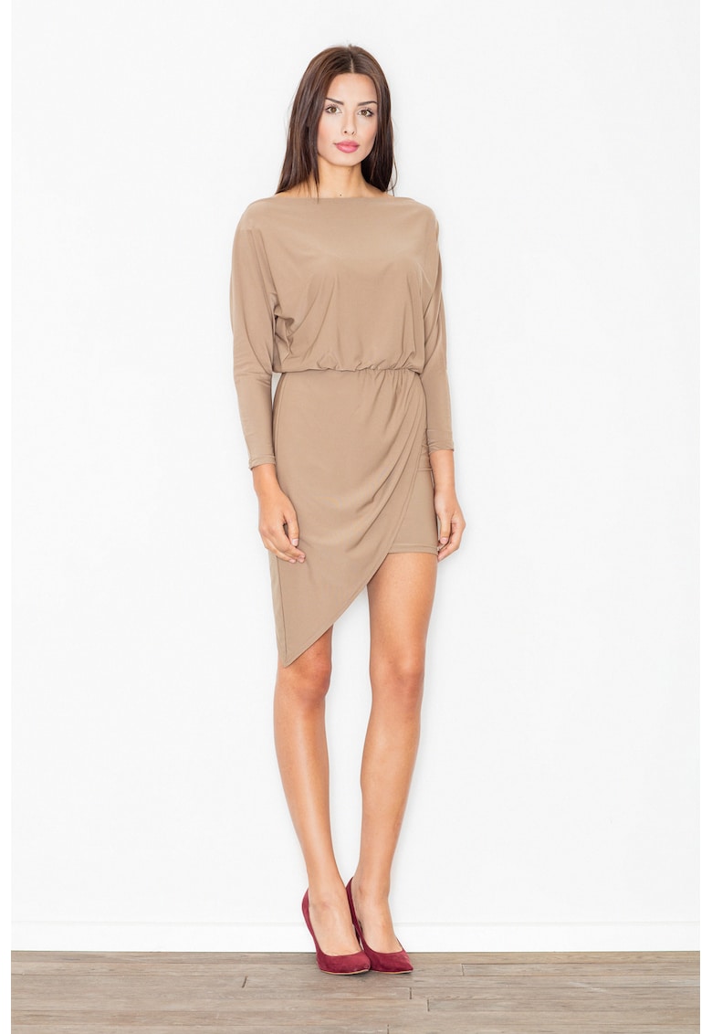Rochie asimetrica - bej - cu maneci lungi - poliester - eleganta - versatila