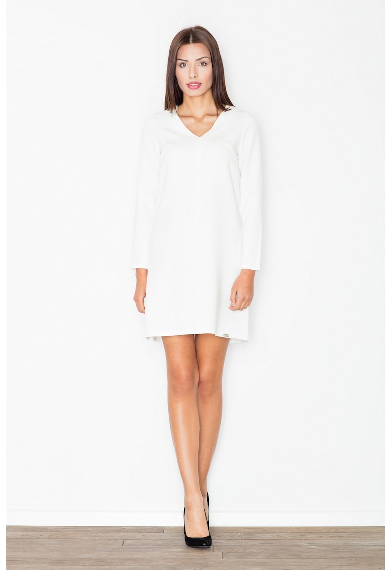 Rochie mini alba - maneci lungi - decolteu in V - poliester -