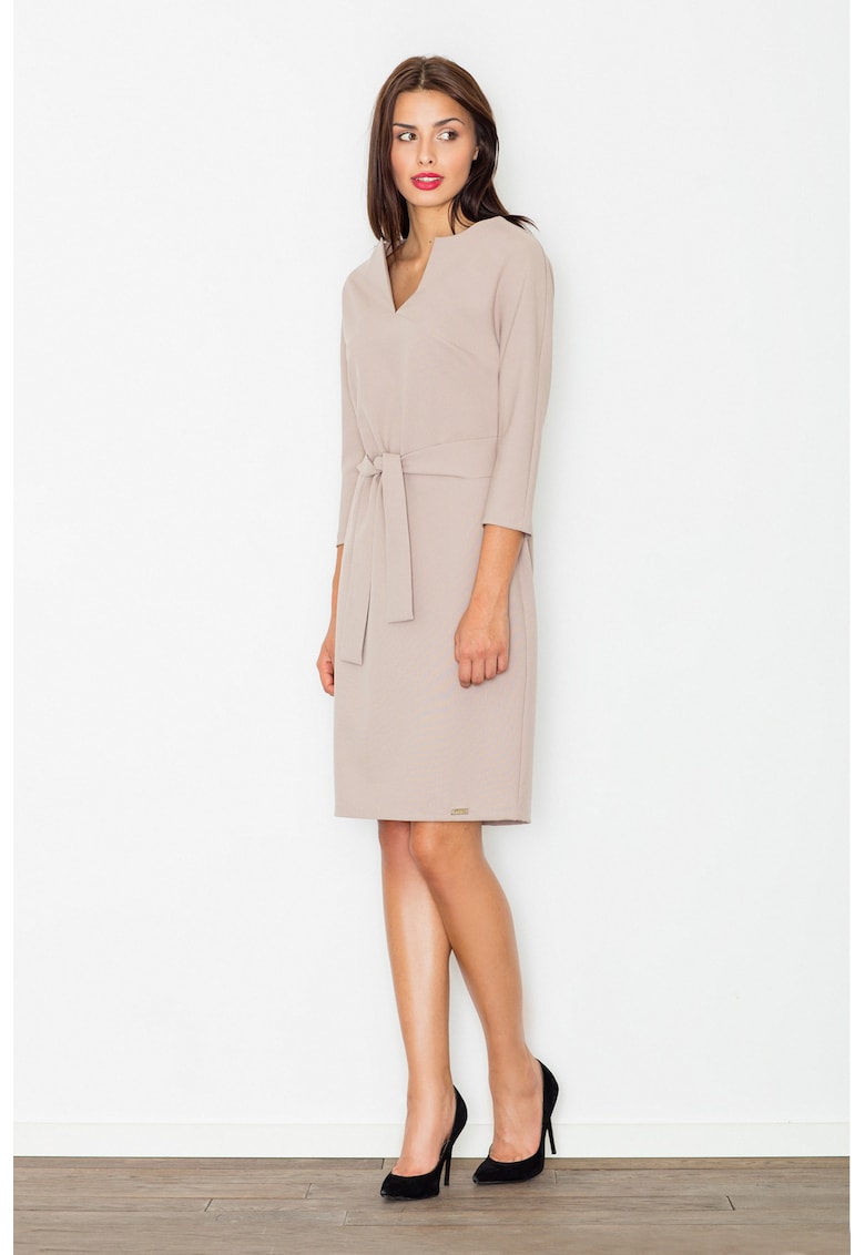 Rochie eleganta - bej - cu curea - decolteu in V - poliester