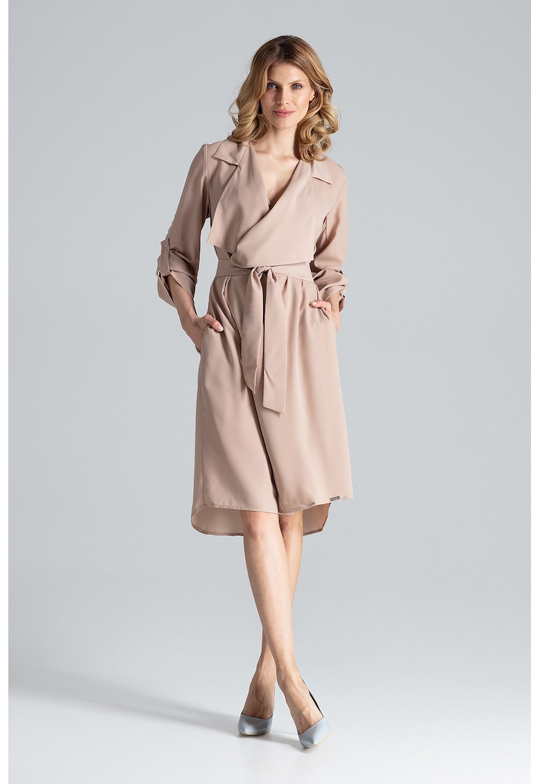 Rochie M464 - maneci lungi - bej - poliester - eleganta