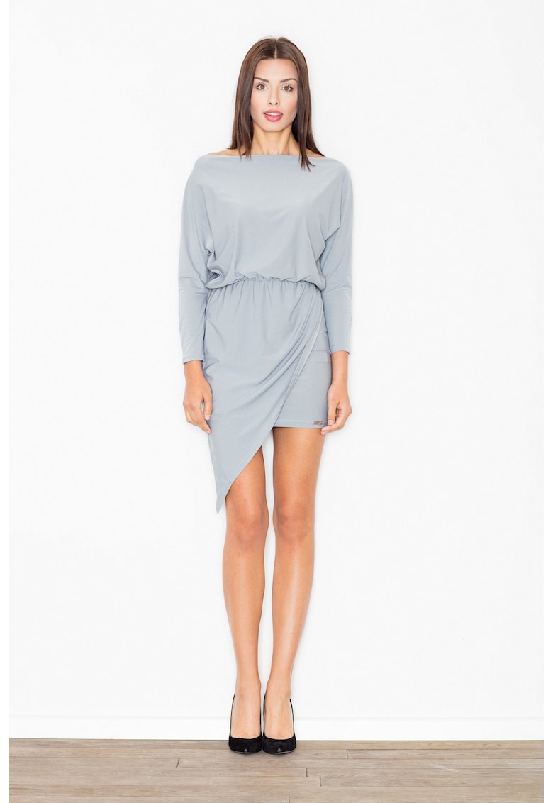Rochie  asimetrica - eleganta - gri - cu maneci lungi - poliester