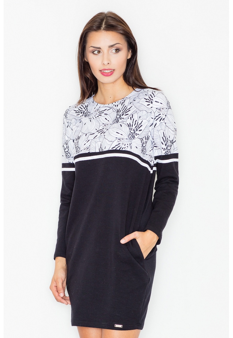 Rochie  M510 - florala - maneca lunga - neagra - bumbac cu buzunare