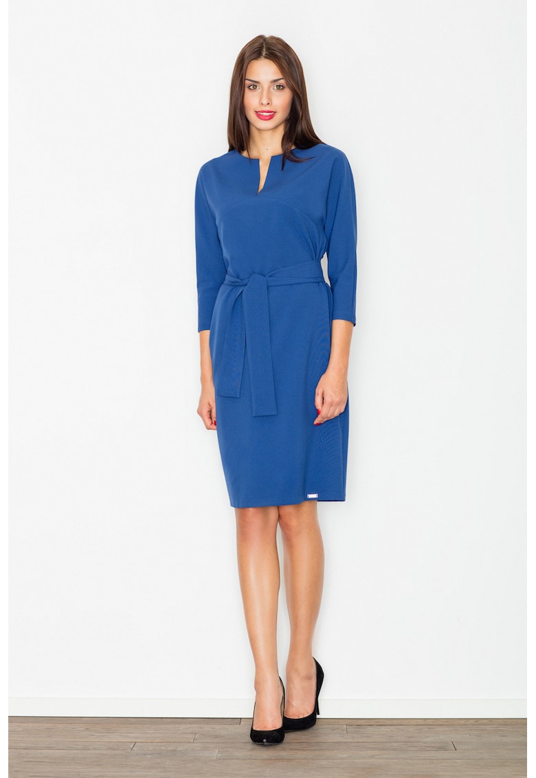 Rochie bleumarin - curea - decolteu in V - poliester