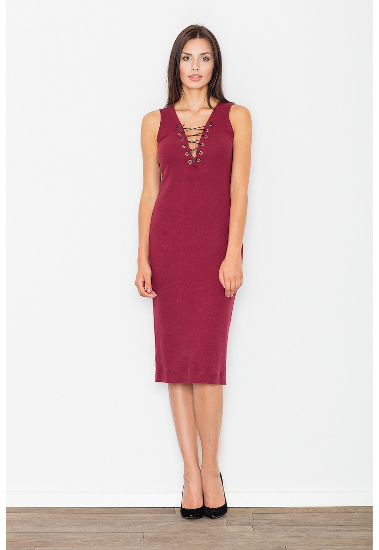 Rochie midi M487 - rosu - bumbac - cu decolteu ajustabil -
