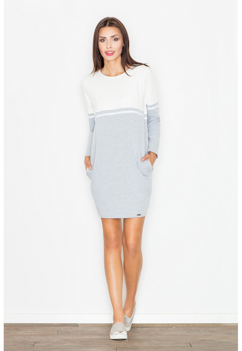 Rochie  M510 - gri cu ecru - bumbac - cu buzunare - maneci lungi