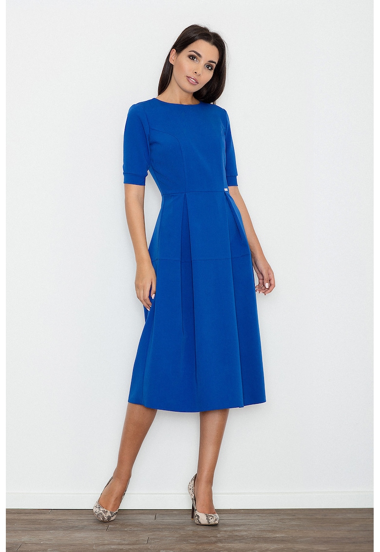 Rochie midi albastra - eleganta - cu maneci scurte - poliester