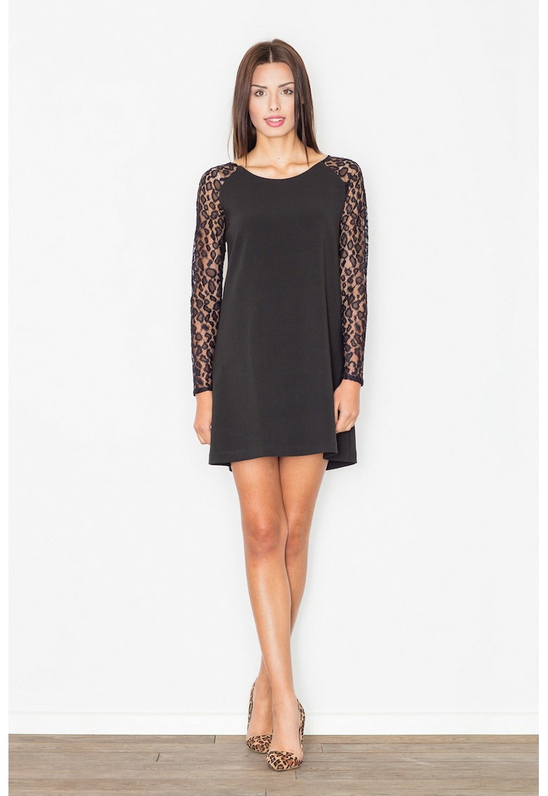 Rochie mini - neagra - cu maneci din dantela - eleganta - poliester -