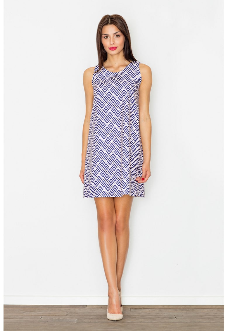 Rochie trapez model geometric - poliester - albastru - alb -