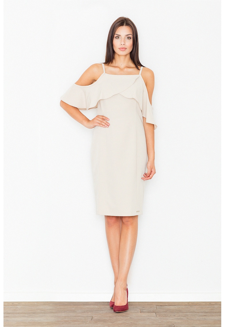 Rochie M478 - bej - cu umeri goi - poliester 65% - viscoza 35% -