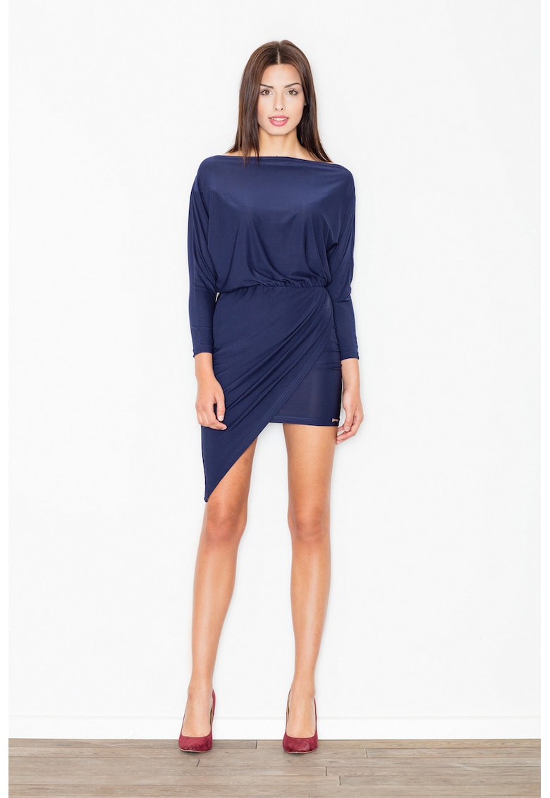 Rochie asimetrica  bleumarin - eleganta - cu maneci lungi - din poliester -