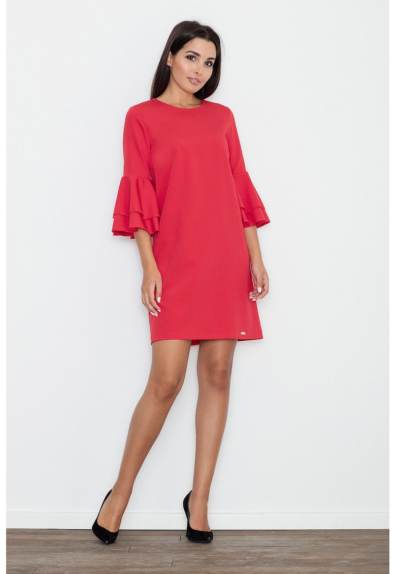 Rochie rosie - cu maneci volan - din material usor - poliester
