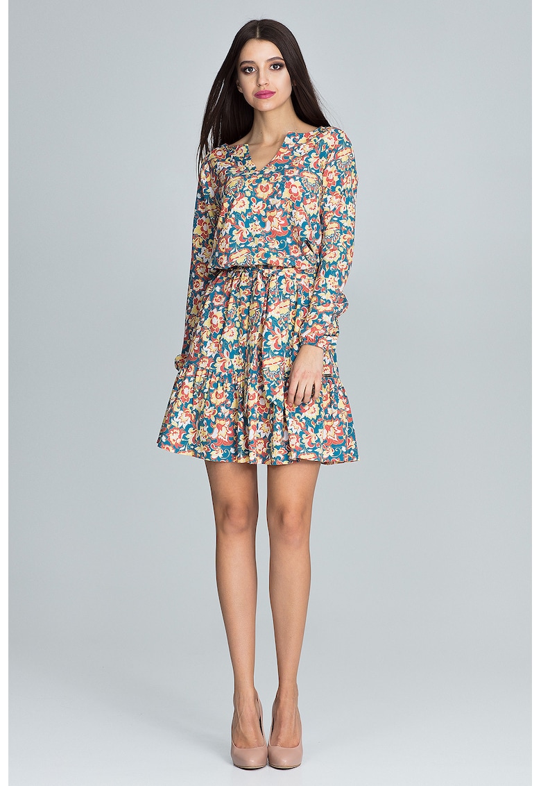 Rochie scurta florala multicolor - cu maneci lungi - poliester si elastan