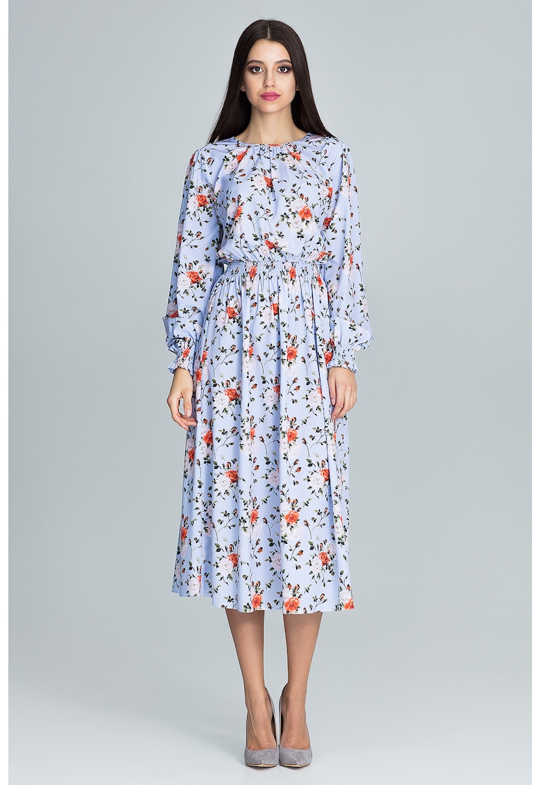 Rochie  M600 - florala - albastru - midi - maneci lungi - poliester 95% - elastan 5%