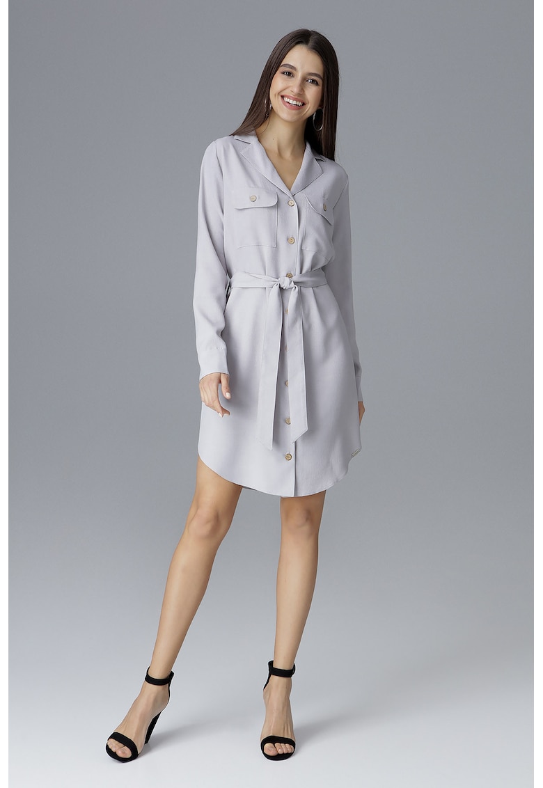 Rochie camasa M630 gri - maneca lunga - cu nasturi si curea - poliester 100%
