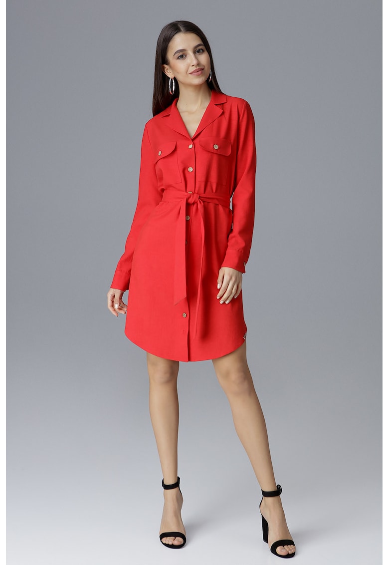 Rochie camasa  rosie - maneca lunga - cu nasturi si brau - poliester 100%