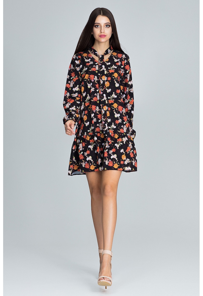 Rochie scurta M599 - florala - cu maneci lungi - multicolor - poliester Rochie scurta M599 - florala - cu maneci lungi - multicolor - poliester