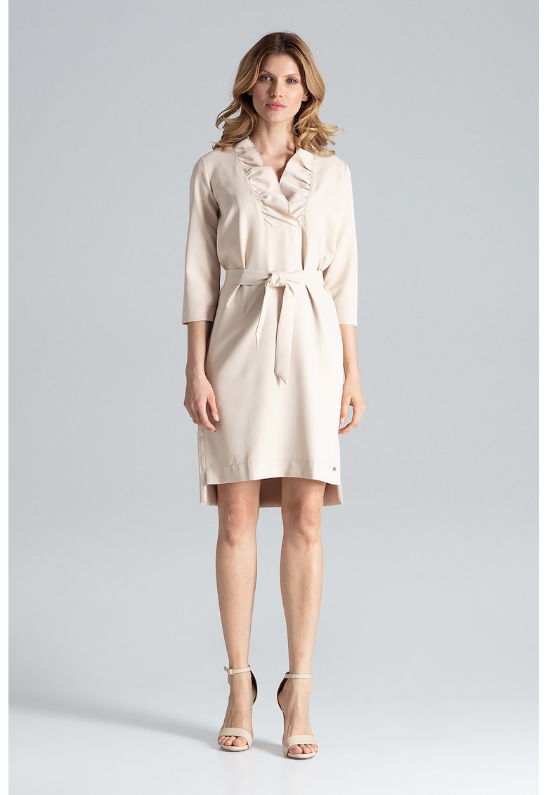 Rochie eleganta - bej - cu volan pe decolteu - legata cu curea - poliester