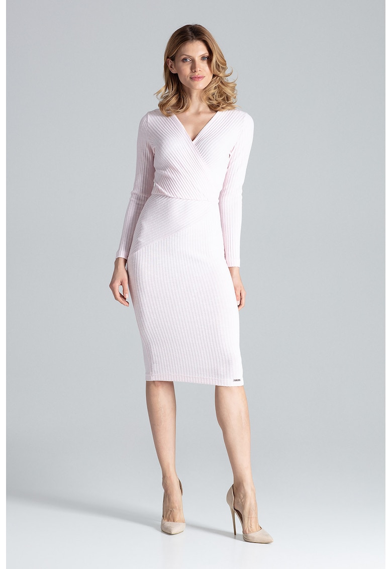 Rochie midi - maneci lungi - decolteu cu coaste - roz - viscoza