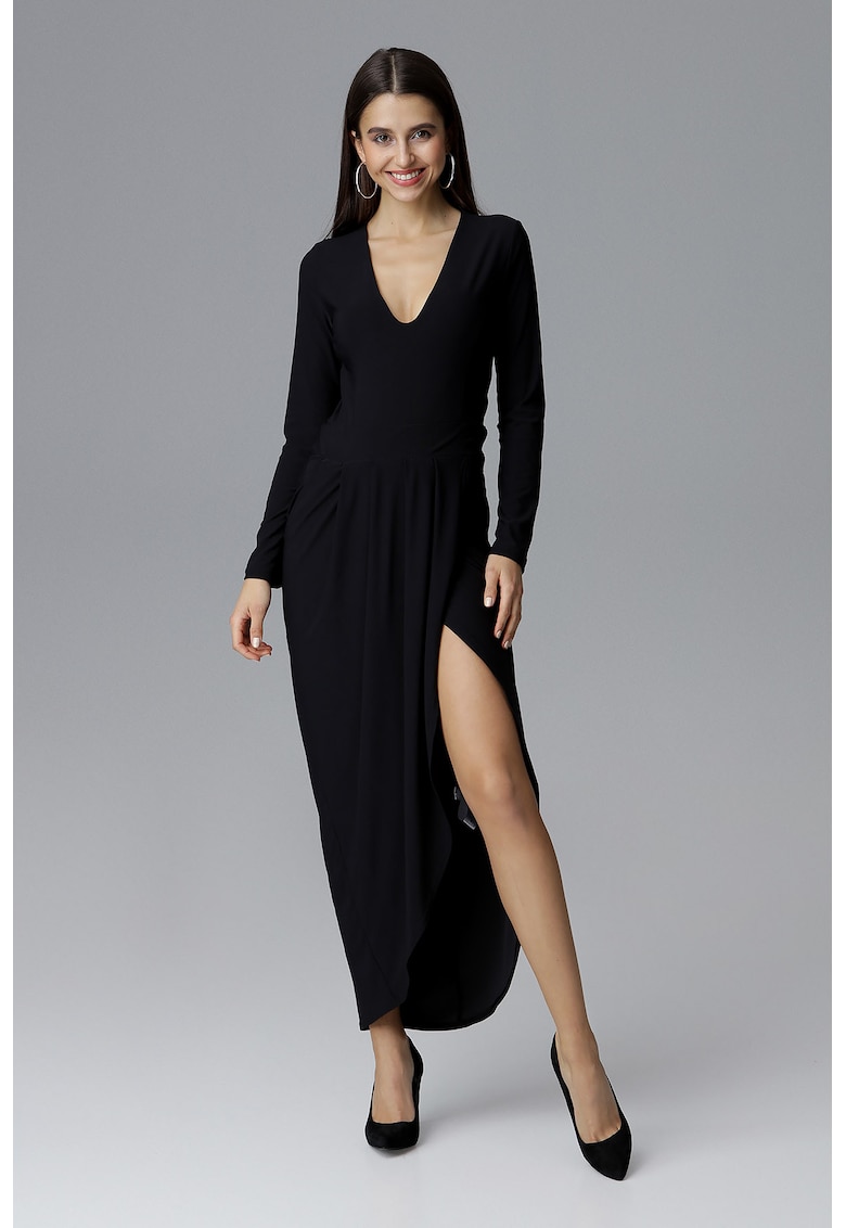 Rochie maxi eleganta neagra -  decolteu in V - maneci lungi - poliester -