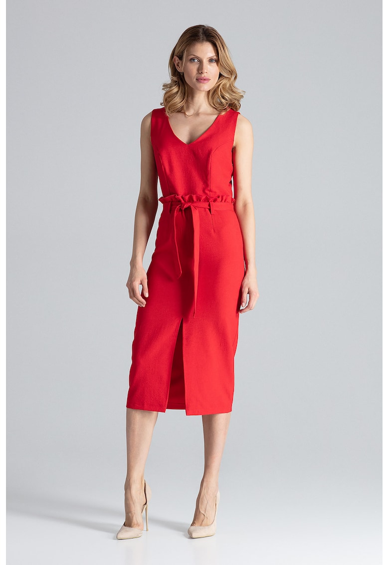 Rochie midi  rosie cu decolteu in V si curea - poliester 100%