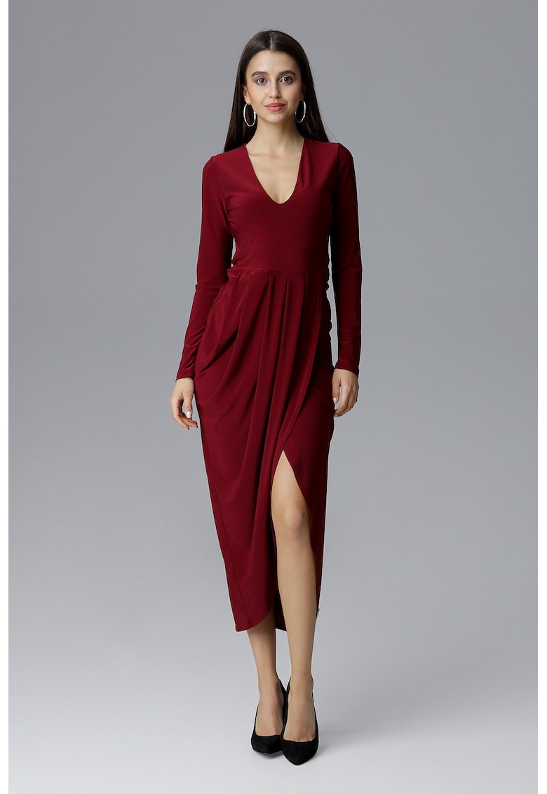 Rochie maxi M636 - decolteu in V - rosu - poliester -