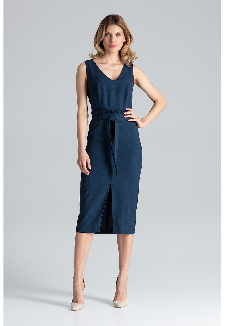 Rochie midi bleumarin - decolteu in V - poliester