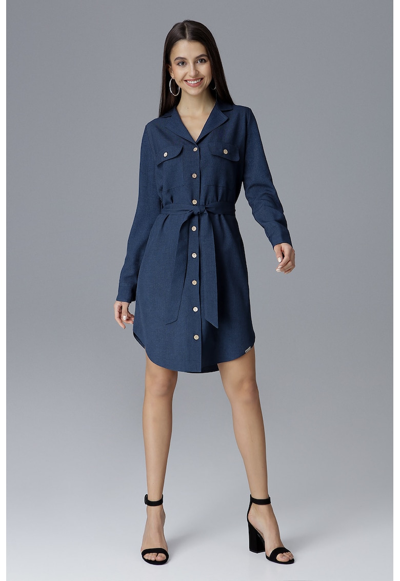 Rochie - bleumarin - cu centura - cu nasturi - poliester