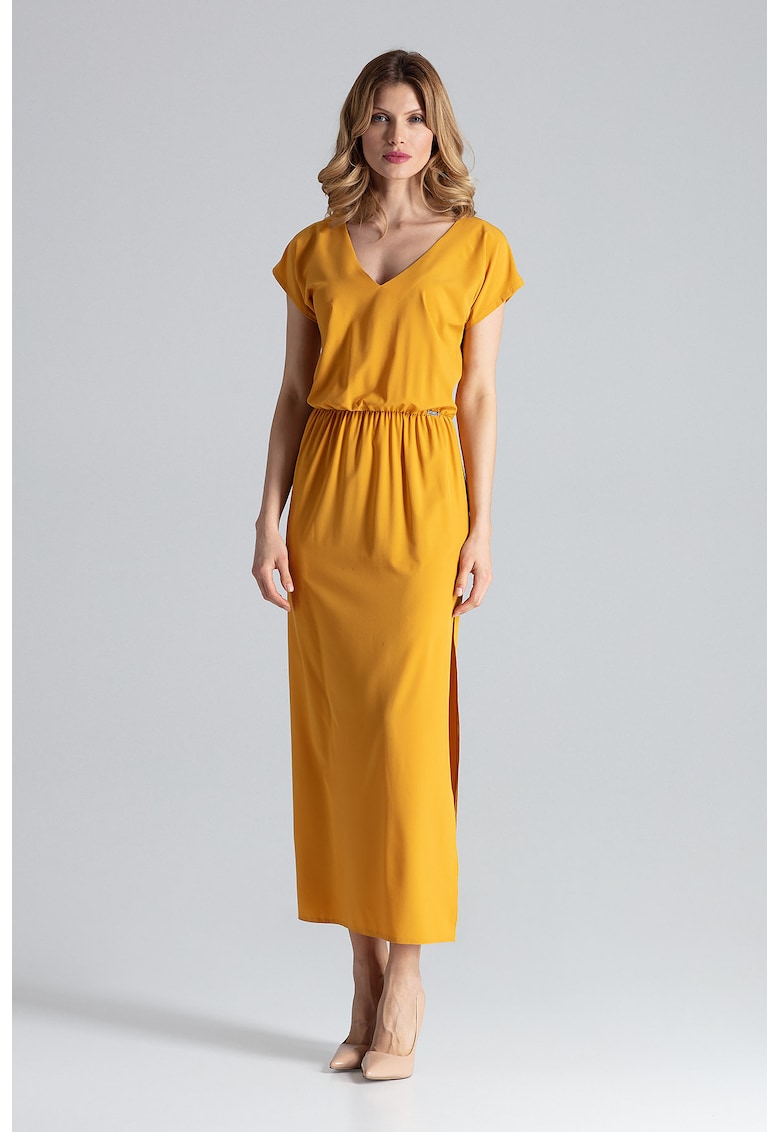 Rochie maxi galbena - eleganta - cu fanta - perfecta pentru vara - poliester