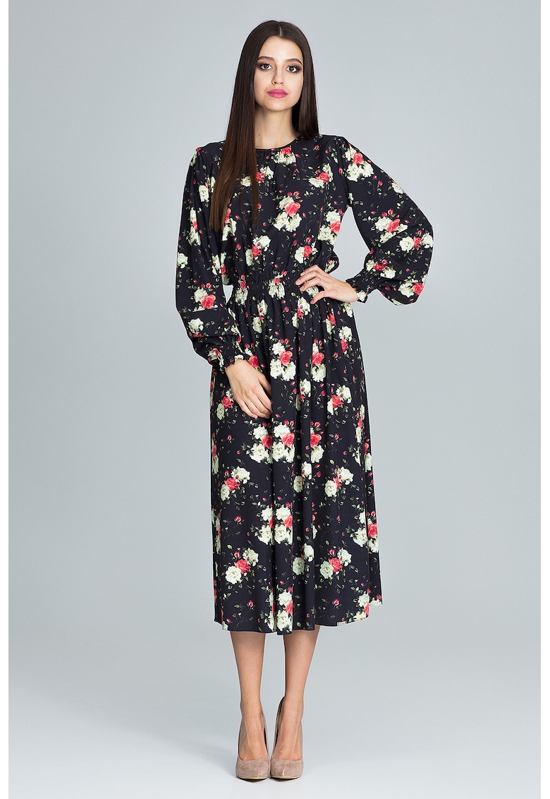Rochie lunga  M600 - florala - neagra - din poliester - cu maneci lungi -